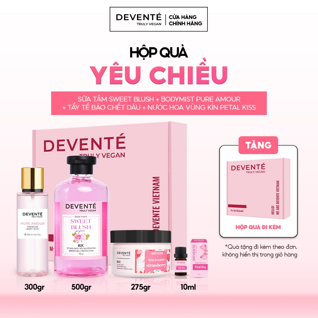 Set quà tặng 4 món Devente gồm Sữa tắm 500g + Tẩy tế bào body 275g + Bodymist 250ml + Nước hoa VK 10