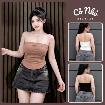 Áo ống có mút bigsize nữ vạt bầu che bụng tôn dáng nhún chun hai bên vải thun borip co giãn A63