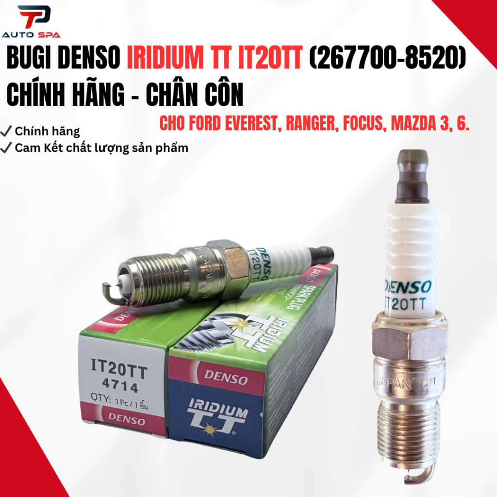 Bugi Denso Iridium TT IT20TT Chính Hãng - Chân Côn cho Everest, Ranger, Focus, Mazda3, 6.