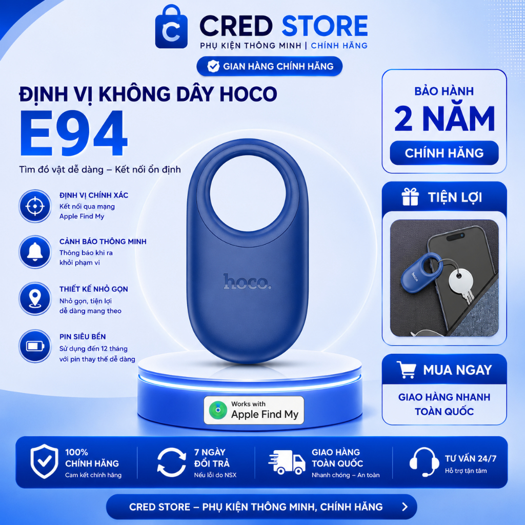 Định Vị Thông Minh Không Dây E94 HOCO - Định Vị Toàn Cầu, Pin 1 Năm, Chống Nước, Bảo Hành 12 Tháng