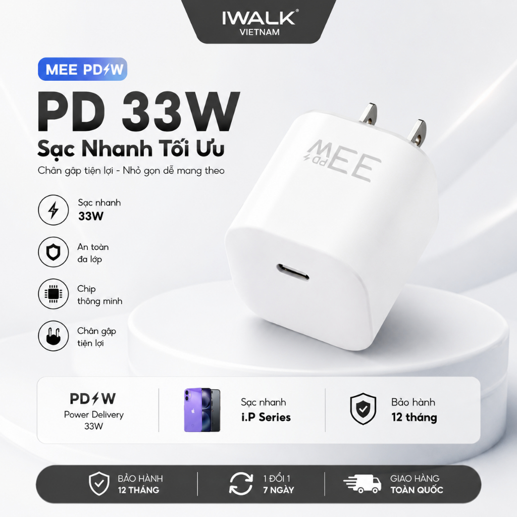 Củ Sạc Nhanh PD33W JNDVINA - Sạc Nhanh PD 3.0 33W, Tương Thích i.P & Android