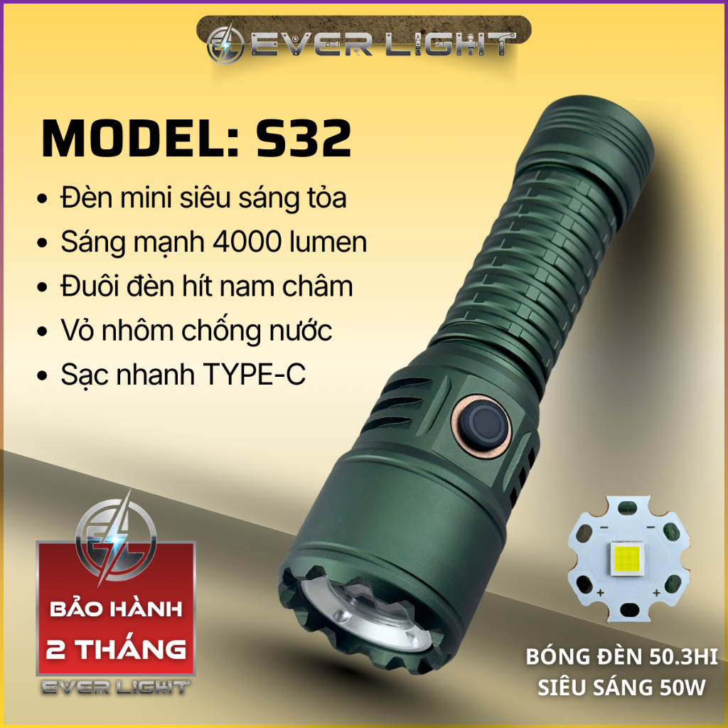 Đèn pin cầm tay mini siêu sáng S32 pro pin 21700 dung lượng cao 5000mAH sạc typeC