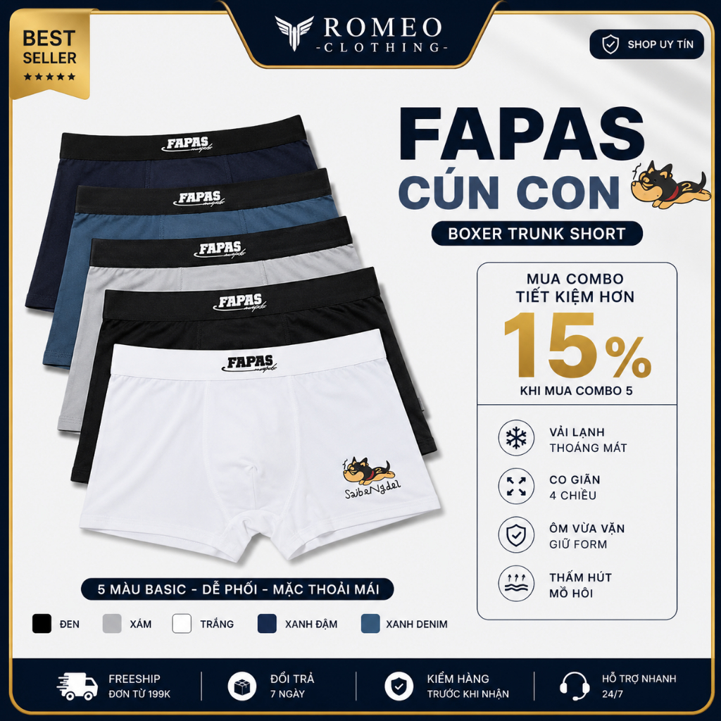 Boxer Nam FAPAS Cún Con – Thun Lạnh Mềm Mát Co Giãn 4 Chiều