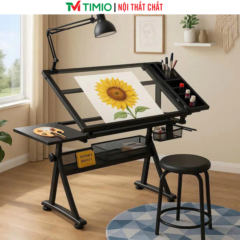 Bàn vẽ kỹ thuật mặt kính cường lực tuỳ chỉnh góc nghiêng kèm đèn kẹp thương hiệu TIMIO - GN87
