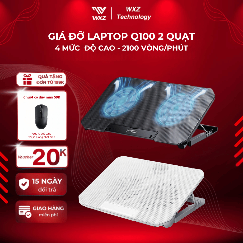 Đế Quạt Tản Nhiệt Laptop Q100 – 2 Quạt Siêu Mạnh, Chống Ồn, Chống Nóng Máy, 4 Mức Nâng Cao
