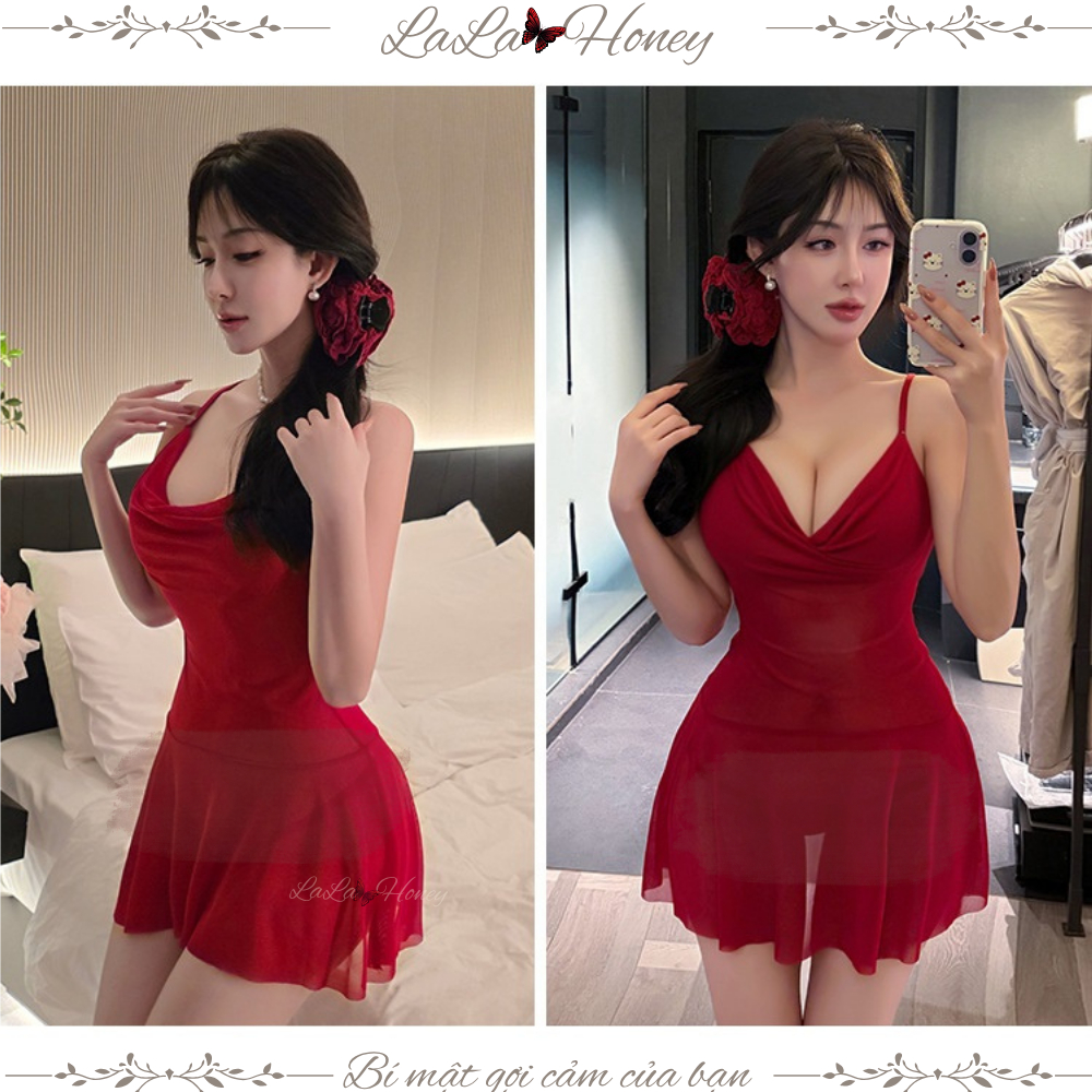 Váy Ngủ Hai Dây Xuyên Thấu Cổ V Sâu Đầm Ngủ Ngây Thơ Quyến Rũ V159 - LALA HONEY | BigBuy360 - bigbuy360.vn