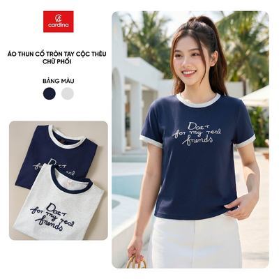 Áo thun nữ CARDINA chất liệu thun cotton tay cộc cổ tròn thêu chữ 6ATC30