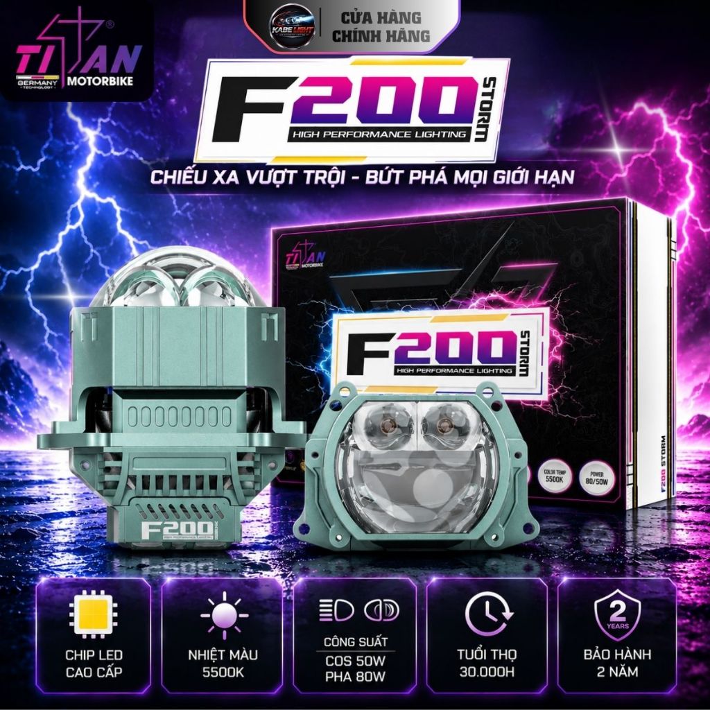 (Giá 1 Cặp) Đèn Bi Led TITAN MOTO F200 STORM 80W, Có Trợ Pha Mắt Ếch Siêu Khủng - Bảo Hành 2 Năm