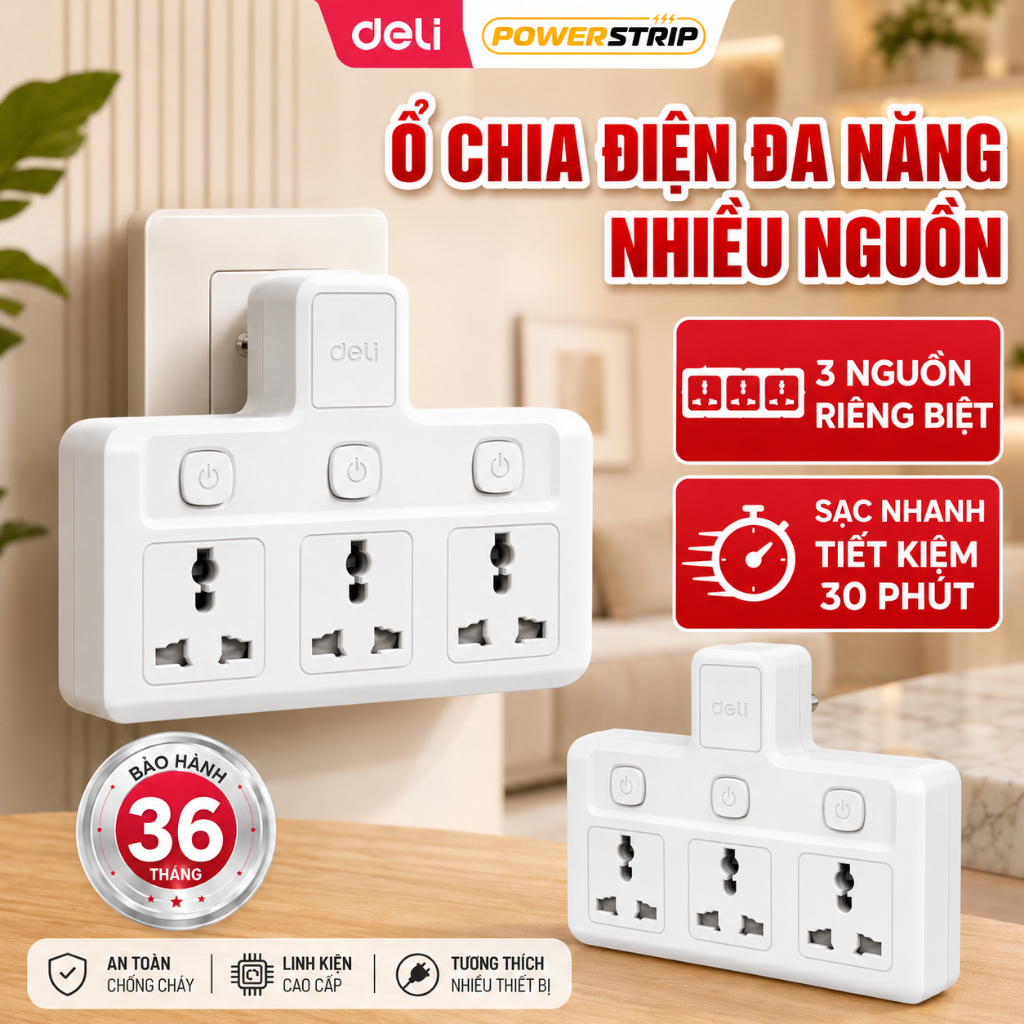 [HÀNG MỚI VỀ] Ổ Cắm Chia Điện Deli, Ổ Cắm Chữ T 2500W Tích Hợp Cổng USB &TypeC Cải Tiến Sạc Nhanh Ti