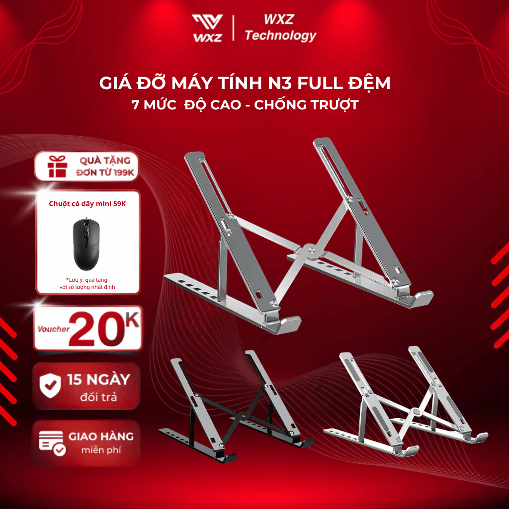 Giá Đỡ Laptop N3 Full Đệm, Chất Liệu Hợp Kim Nhôm 7 Mức Độ Cao, Kệ Máy Tính Gấp Gọn, Chống Trượt | BigBuy360 - bigbuy360.vn