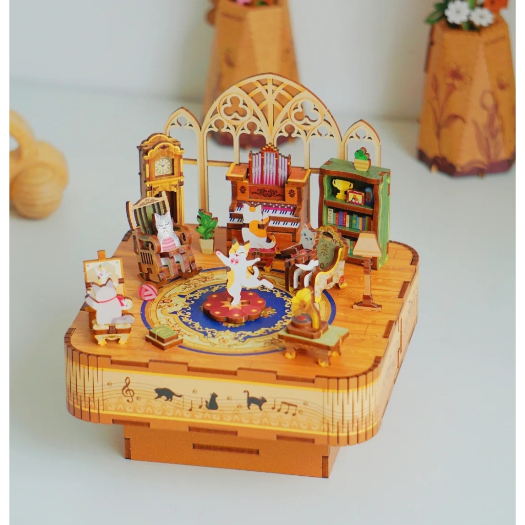 Mô Hình Gỗ 3D chuyển động Lắp Ráp DIY Hộp Nhạc Music box "CAT GATHERING" TQ926 Đồ chơi lắp ráp bằng 