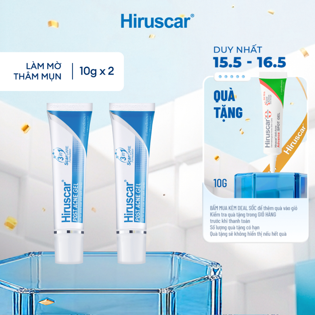 Bộ 2 gel chăm sóc sẹo mụn và mụn thâm Hiruscar Post Acne 10g
