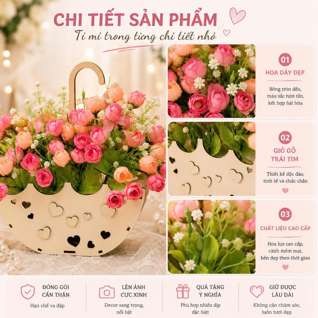 Giỏ gỗ trái tim phối hoa tông hồng pastel — ảnh listing minh họa