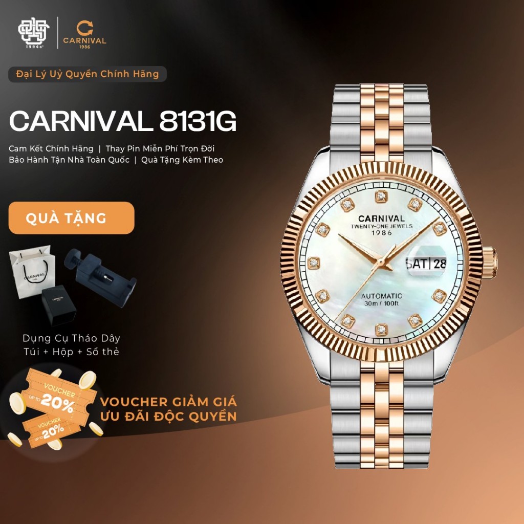 Đồng Hồ Nam Carnival 8131G-CH-TK Automatic, Mặt Xà Cừ Hàng Chính Hãng 1994s WATCH