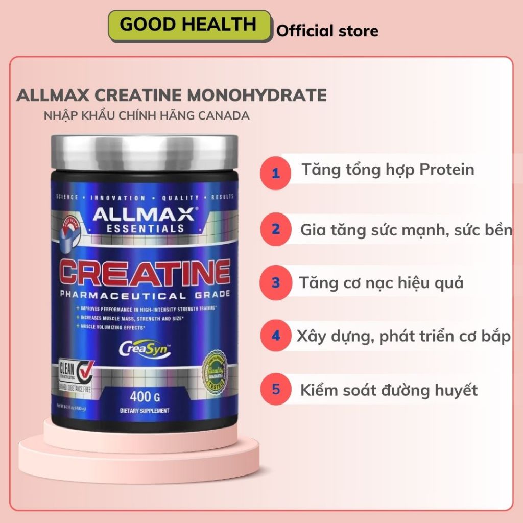 Allmax Creatine Monohydrate Pharmaceutical Grade - Bột hỗ trợ gia tăng sức mạnh cơ bắp, tăng sức bền