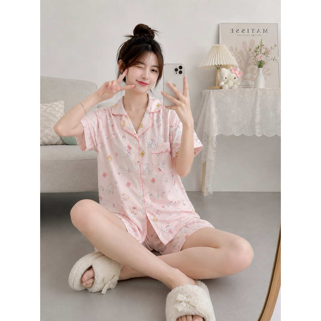 Set bộ pijama đùi chất kate in hình hello kitty