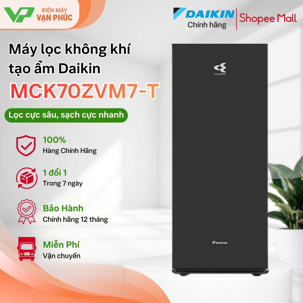 Máy lọc không khí tạo ẩm Daikin MCK70ZVM7-T nâu dùng 48m2, Twin Streamer, bảo hành 12 tháng