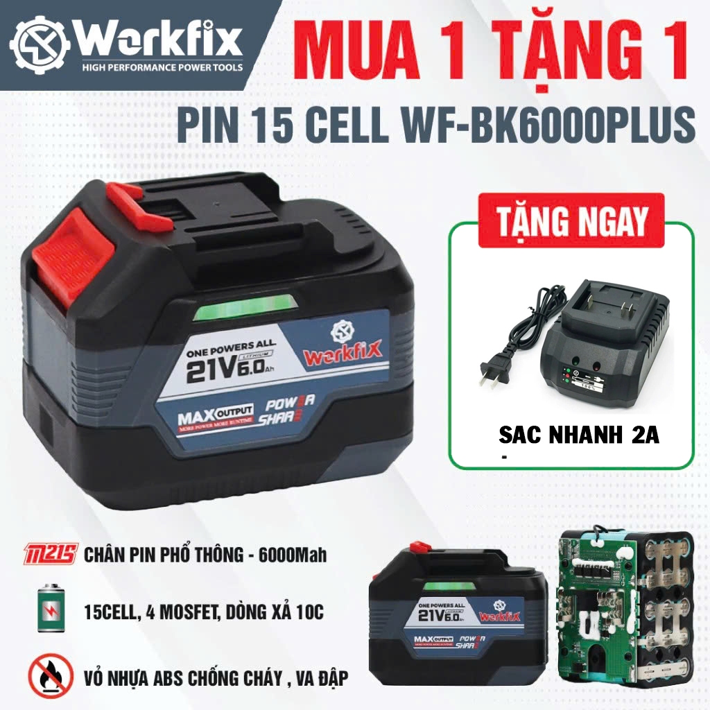 [CHÍNH HÃNG] PIN WORKFIX WF-BK6000PLUS,Dùng Cho Máy Khoan,Bulong, Chân Phổ Thông, Dung Lượng 15cells