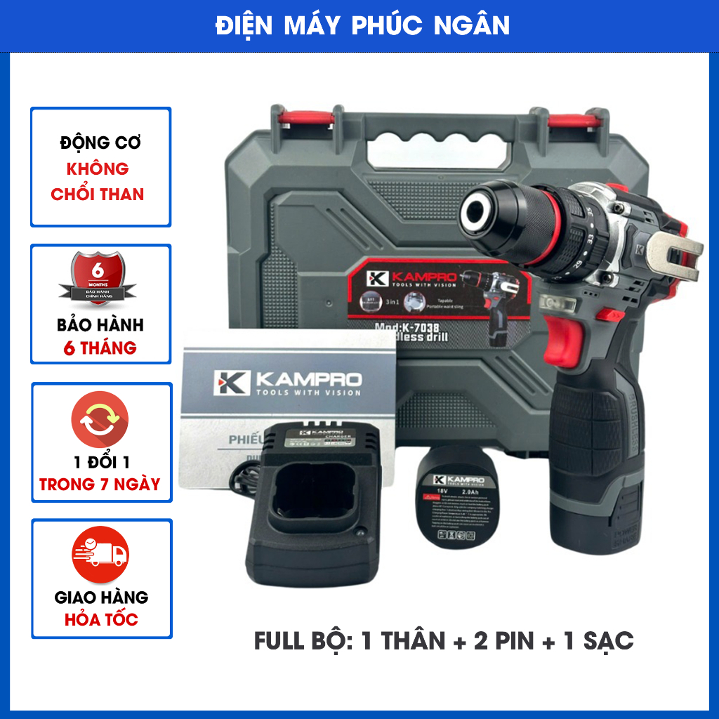 Máy Khoan Pin Kampro K-7038, 3 Chức Năng, Đầu Kẹp Autolock, Động Cơ Không Chổi Than, bền bỉ