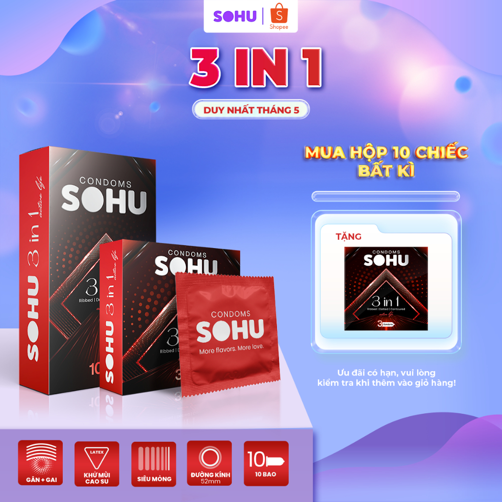 Bao Cao Su SOHU 3in1 Có Gân, Gai, Cổ Thắt Vừa Vặn, Kéo Dài Thời Gian size 52mm