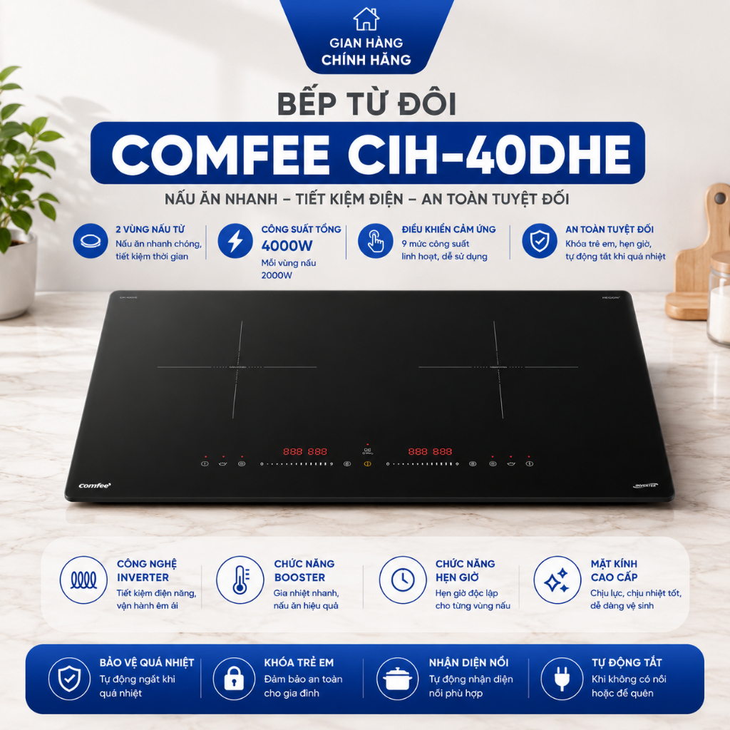 Bếp Từ Đôi Comfee CIH-40DHE | Công Suất Vùng Nấu 2000W, Mặt Kính Chống Xước, Chịu Lực | Bảo Hành 2 N