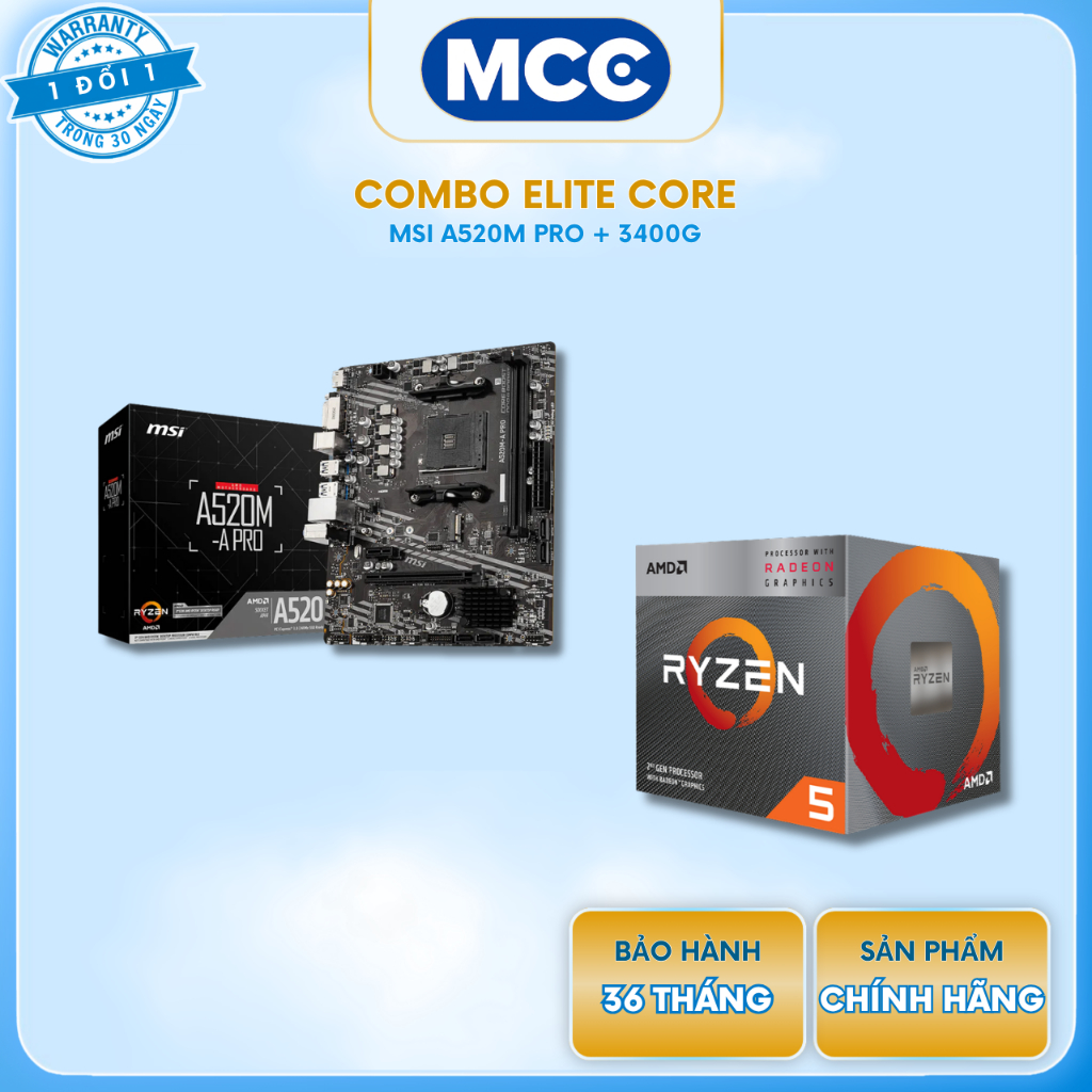 Combo AMD Elite Core ( Main A520 + CPU 3400G + RAM 16GB )