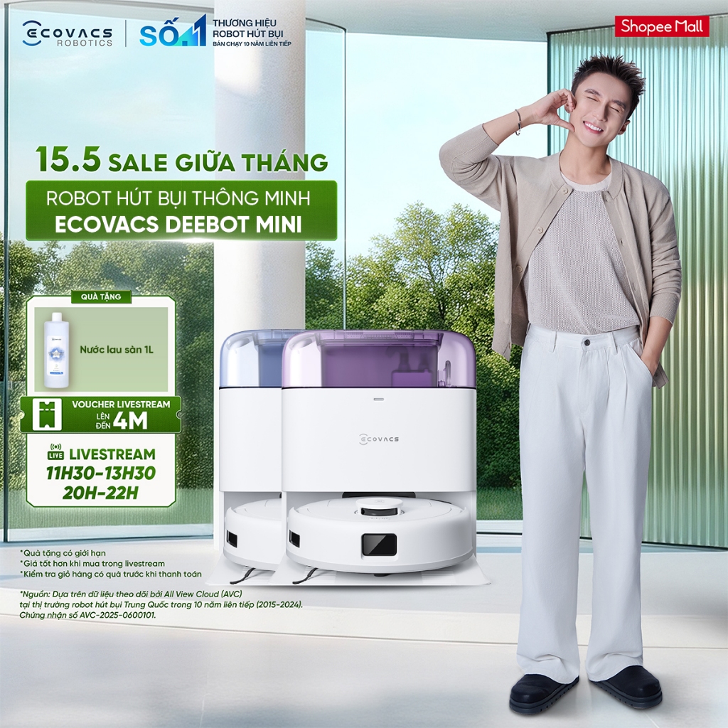 Robot hút bụi thông minh Ecovacs Deebot Mini - Lực hút 9000Pa - Dung lượng pin 3200mAh - Hoạt động 1