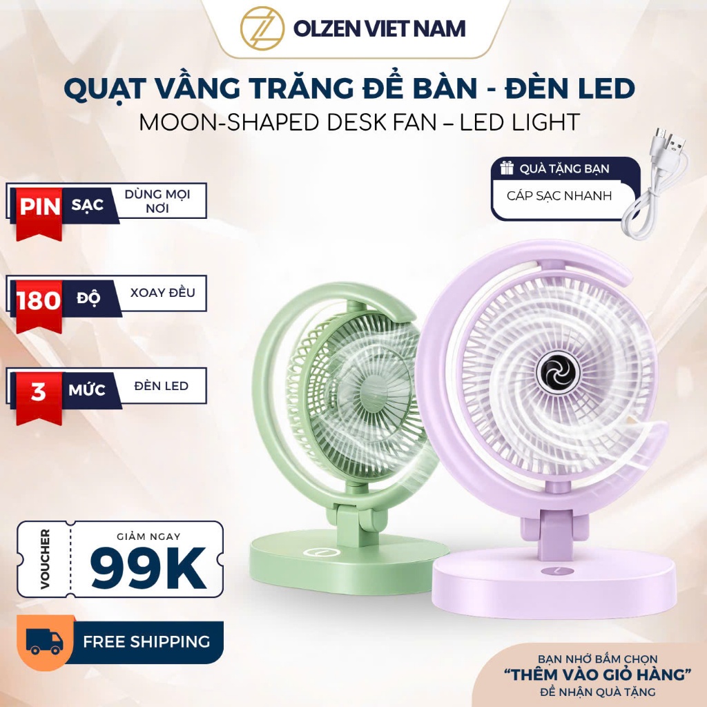 Quạt Vầng Trăng Mini OLZEN Gấp Gọn Để Bàn Tích Điện Sạc USB Quạt Làm Mát 4 Cấp Gió Kèm Đèn LED 3 Chế