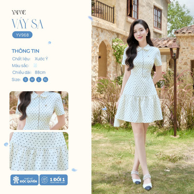 Váy Thiết Kế Nữ YAME Cổ Sen Chấm Bi Độc Quyền, Đầm Nữ Dự Tiệc Dáng A Có Cổ Khóa Kéo, Váy Công Sở Thanh Lịch - -SA YV968