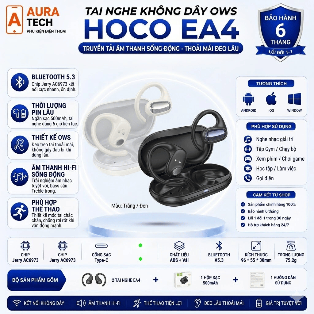 Tai nghe không dây kết nối bluetooth V5.3 Hoco EA4, có đốc sạc đi kèm, dùng khi chơi thể thao, giải 
