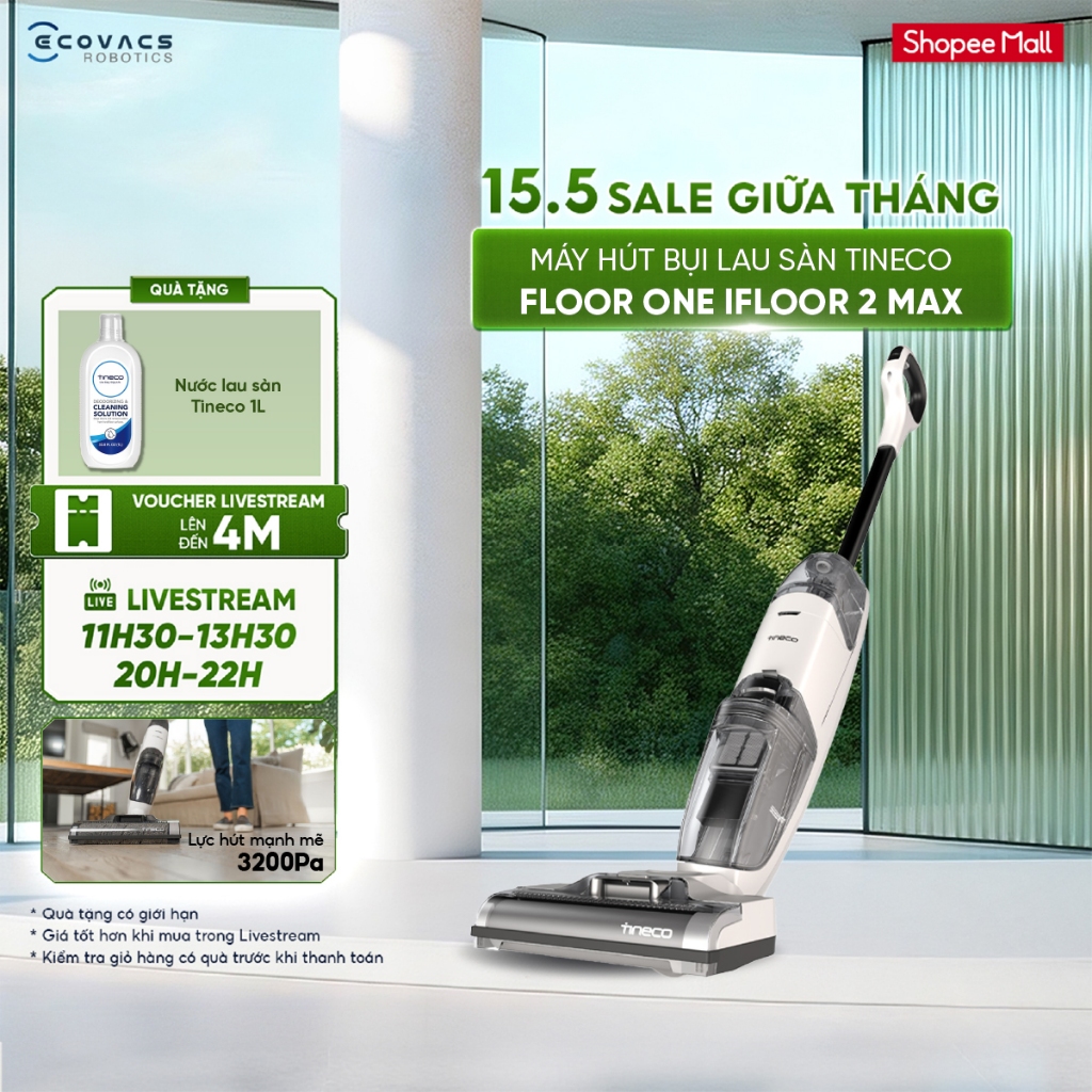 Máy hút bụi lau sàn không dây Tineco iFloor 2 Max - Thời gian hoạt động 22 phút - Tự động làm sạch c