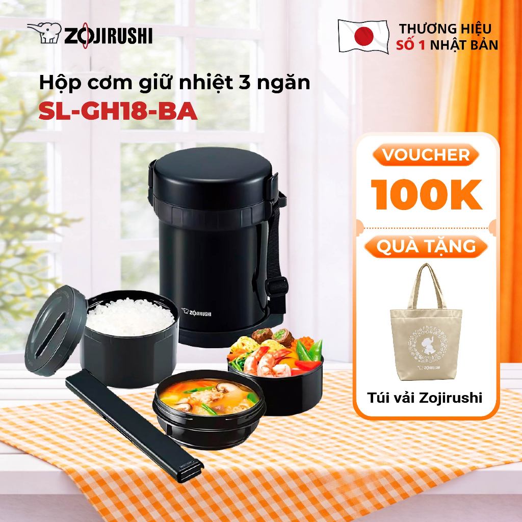 [HỎA TỐC] Hộp Cơm Giữ Nhiệt Zojirushi 3 ngăn SL-GH18-BA dung tích 1,27L, bảo hành giữ nhiệt 1 năm