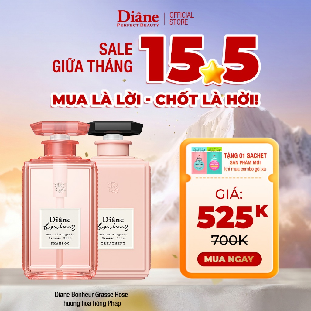 Bộ dầu gội xả phục hồi hư tổn dưỡng tóc bồng mượt Diane Bonheur Grasse Rose hương hoa hồng Pháp