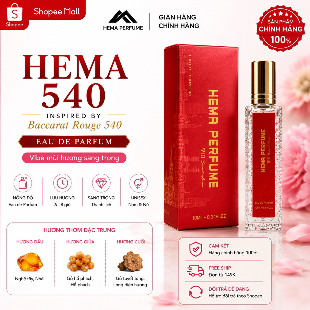 Nước Hoa Hema Perfume 540 10ml – Mùi Baccarat Rouge, Ngọt Ấm Sang Trọng, Thơm Lâu, Unisex, Mini Tiện