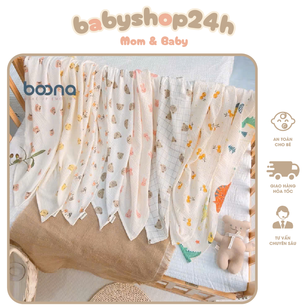 Combo 2 Khăn Tắm Xô Muslin 2 Lớp Hãng Boona Chất Mềm Mịn Không Bụi Vải An Toàn Cho Bé Size 90x90cm