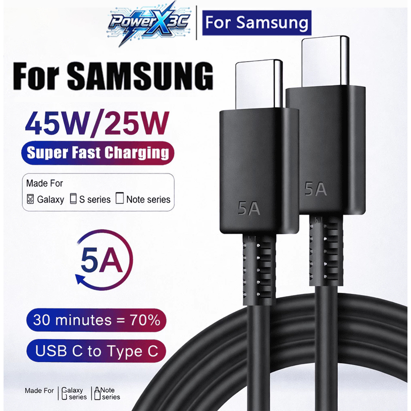 For Samsung 25W/45W Super Fast Charger Adapter 5A Type C To C Quick Cable For Galaxy A06 A10S A14 A2