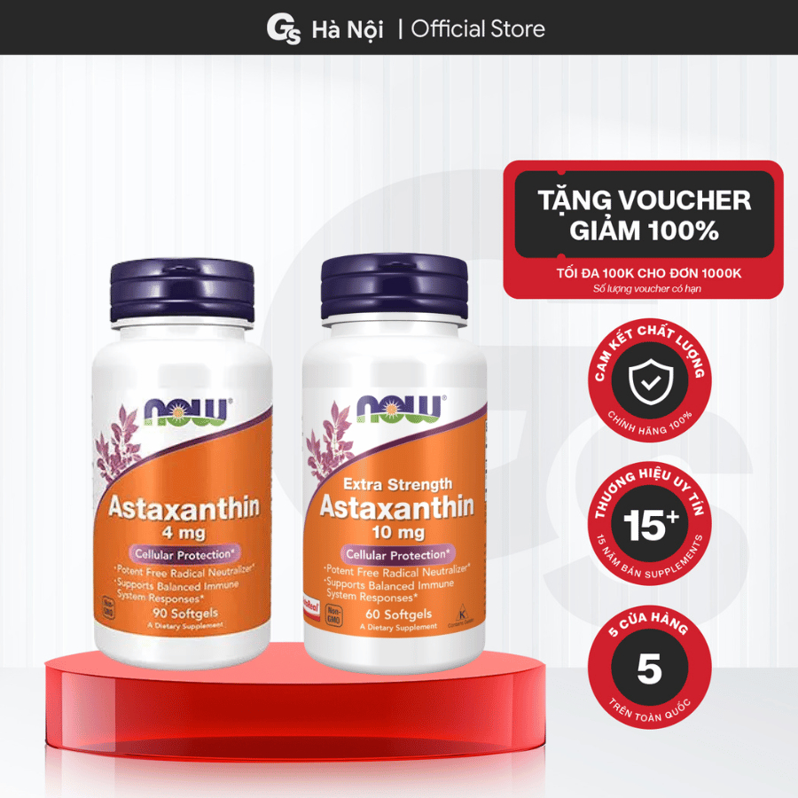 Viên uống Now Astaxanthin 10mg / 4mg, hỗ trợ chống oxy hóa, giảm lão hóa, bảo vệ thị lực - Gymstore