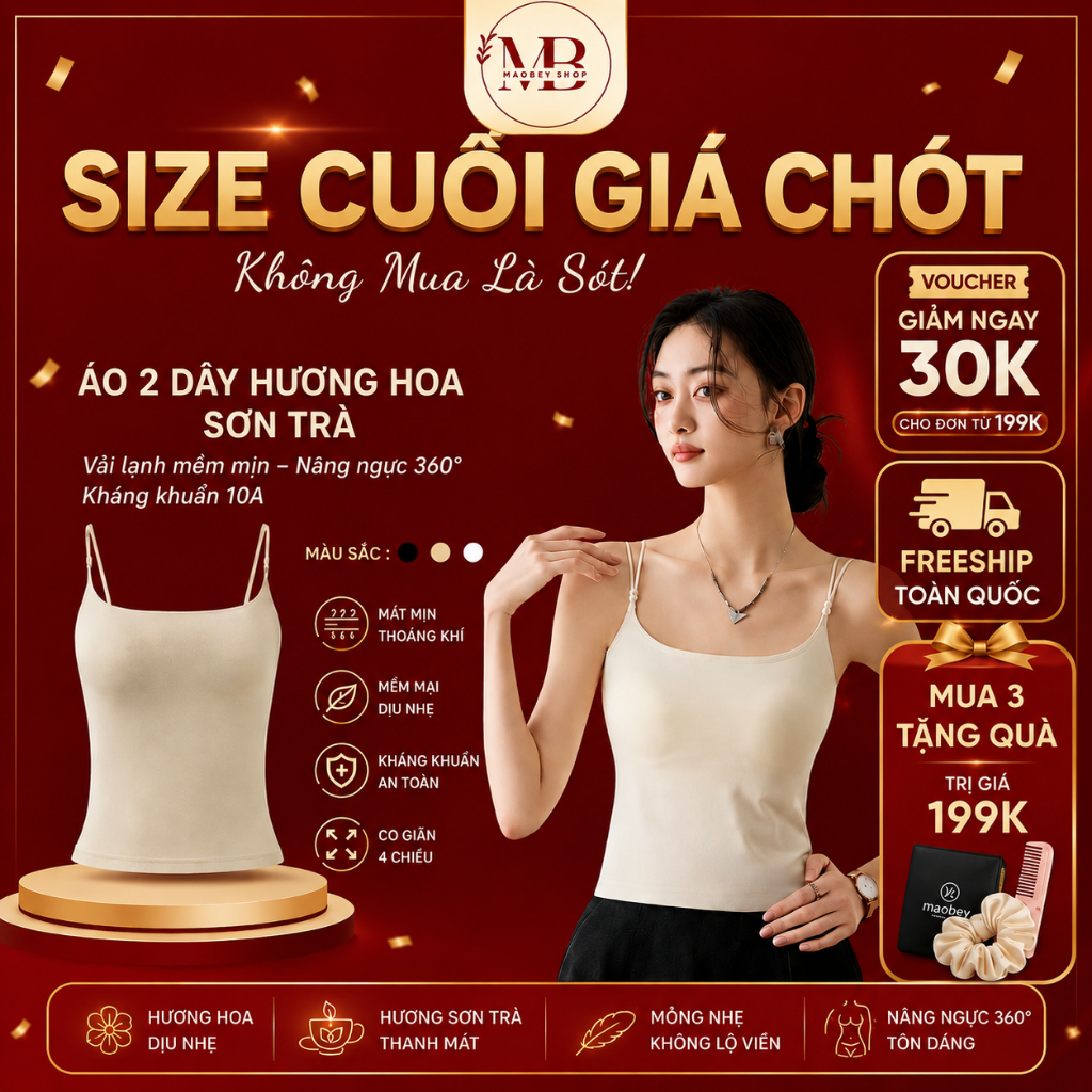 Áo 2 Dây Ngọc Trai Hương Hoa Sơn Trà MAOBEI - Công Nghệ Mát Lạnh, Vải Cotton Kháng Khuẩn 10A