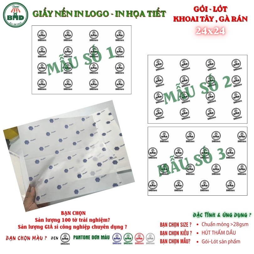 Giấy nến (hút dầu) lót Khoai,Gà chiên-Bloc 100(in đen 3h)/2k/4k,in logo mỏng chuẩn 28gsm(24x24cm)