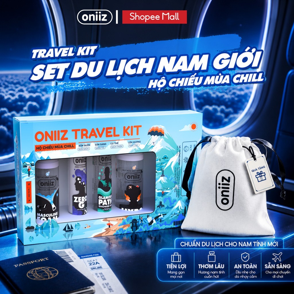 Oniiz Travel Kit, Set du lịch Nam 4 món Minisize Bọt Vệ Sinh, Rửa Mặt, Dầu Gội & Sữa Tắm. Combo chăm