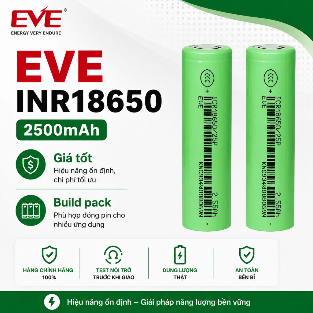Cell pin 18650 EVE 2500mah - Chuyên đóng pack , nội trở thấp , xả khỏe - hàng chính hãng eve