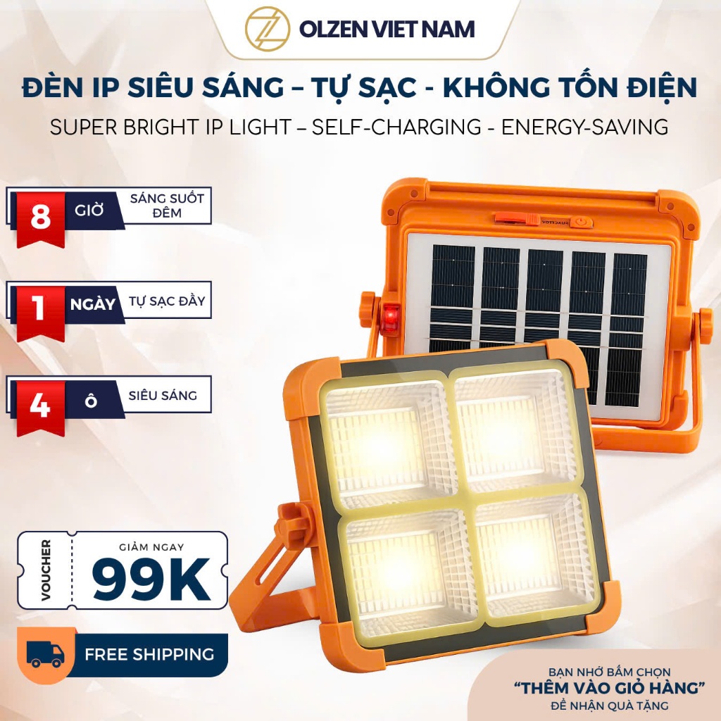 [Chống Nước Cực Tốt] Đèn LED Năng Lượng Mặt Trời OLZEN 4 Ô Siêu Sáng, Pin Bền, Dùng Ngoài Trời Không
