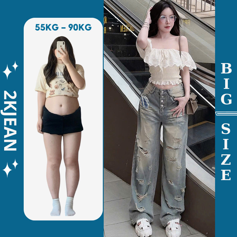 Quần Jean Nữ Rách Ống Suông Rộng Bigsize 55-90kg Lưng Cao Form Dài Hack Dáng QC623 – 2KJeans | BigBuy360 - bigbuy360.vn
