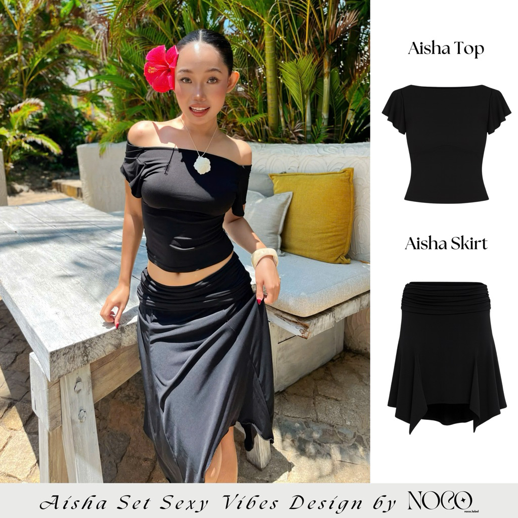 𝐀𝐢𝐬𝐡𝐚 𝐒𝐞𝐭 - Áo Cổ Thuyền Hở Lưng Và Chân Váy Lửng Nhún Cạp Trễ Sang Trọng Châu Âu Vibes NOCO.LABEL | BigBuy360 - bigbuy360.vn