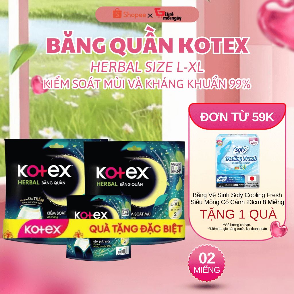 BĂNG VỆ SINH DẠNG QUẦN KOTEX HERBAL- 2 MIẾNG SIZE (L-XL)