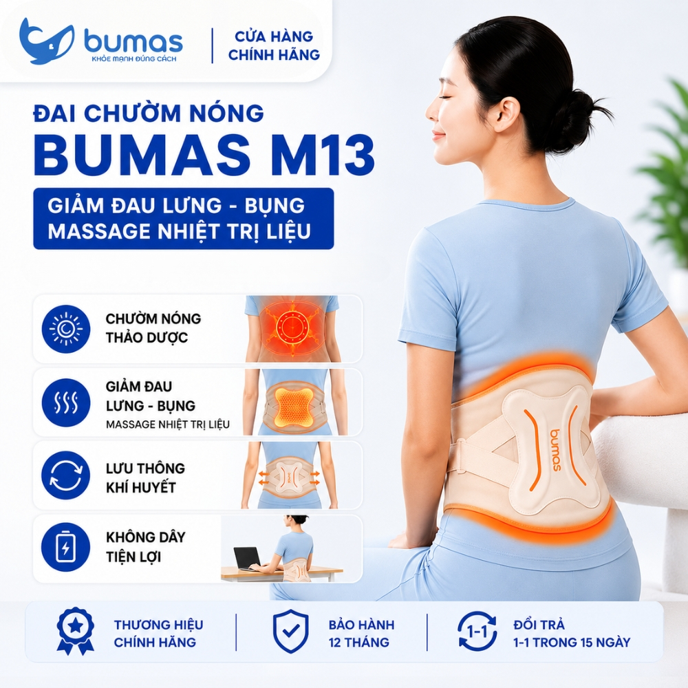 Máy Massage Lưng Bụng BUMAS M13 - Đai Massage Bụng Kinh - Chườm Ấm Thảo Dược, Massage Nhiệt Trị Liệu