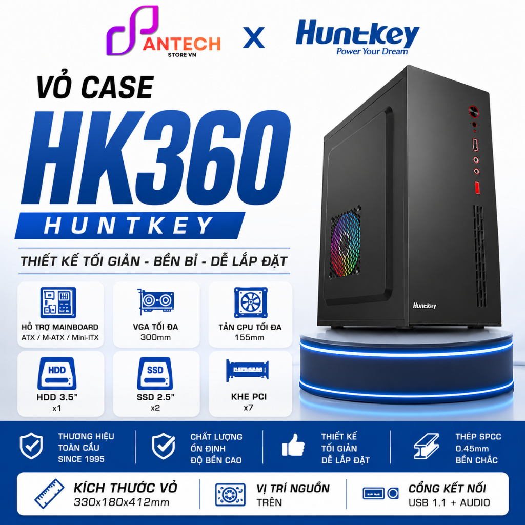 Vỏ Case Huntkey HK360 (Mid Tower/Đen) - Hỗ trợ VGA 300mm, 7 Khe PCI, Lắp Máy Văn Phòng Cực Gọn (Khôn