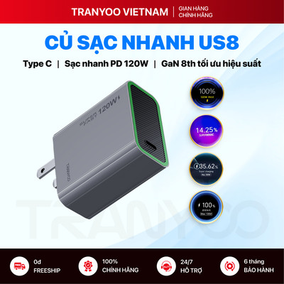 Củ Sạc Nhanh TRANYOO US8 Cổng Type C Hỗ Trợ Sạc Nhanh PD 3.1 Công Nghệ GaN Công Suất Lên Đến 120W