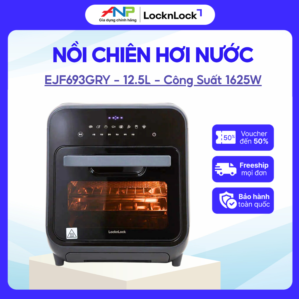 Nồi Chiên Hơi Nước LocknLock EJF693GRY 12.5L Active Steam, Chiên Nướng Hấp Rã Đông, 8 Chế độ nấu