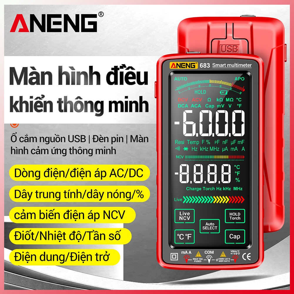 Aneng 683 Đồng hồ vạn năng kỹ thuật số có thể sạc lại Màn hình LCD màu 6000 Đếm Ohm Hz Máy kiểm tra 